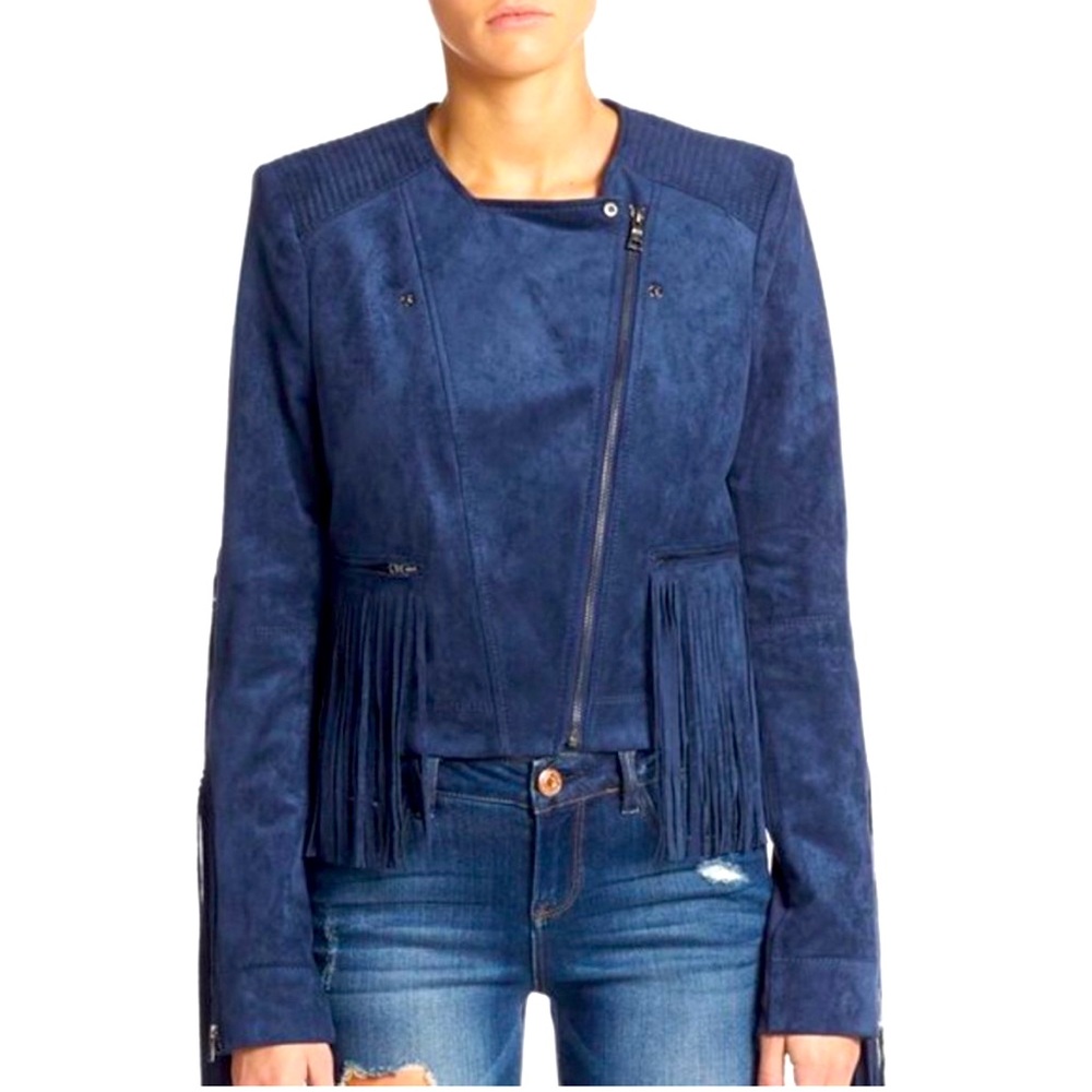 BCBG Maxazria Fringe Jacket in Navy Suede, size XS